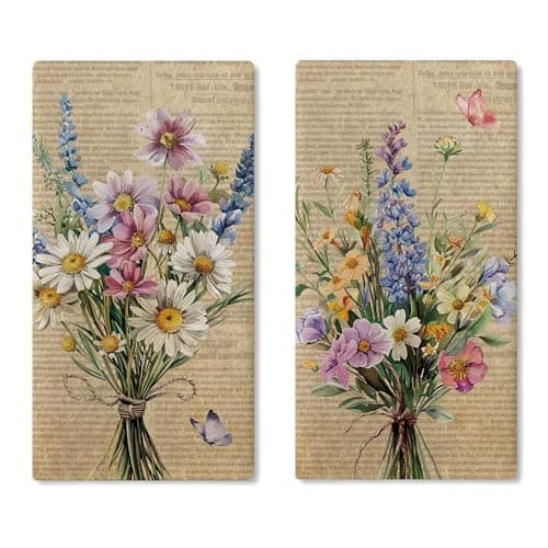 Croar Vintage Flower Bouquet Kitchen Dish Towels Set of 2, Retro Floral Daisy Drying Hand Towel Baking Cooking Cloth, Spring Summer Wildflower Butterfly Bathroom Home Decoration 18'' x 26''