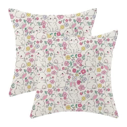 AEIOAE Easter Pillow Covers 18x18 Inch Set of 2,Cute Rabbit Bunny Colorful Floral Throw Pillows Case,Holiday Spring Flower Outdoor Decor Cushion Covers Farmhouse Outdoor Decor for Sofa Bed