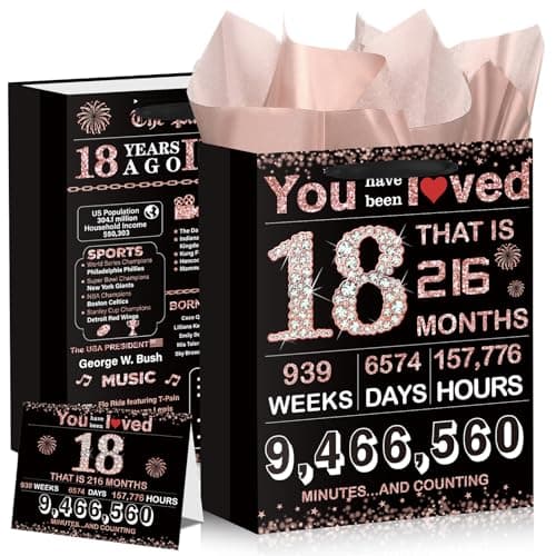18th Birthday Gift Bag for Girls Vintage Back in 2008 Gift Bag with Card and Wrapping Paper Black and Rose Gold 18th Birthday Decorations for Sweet 18 Year Old Bday Decorations Party Supplies