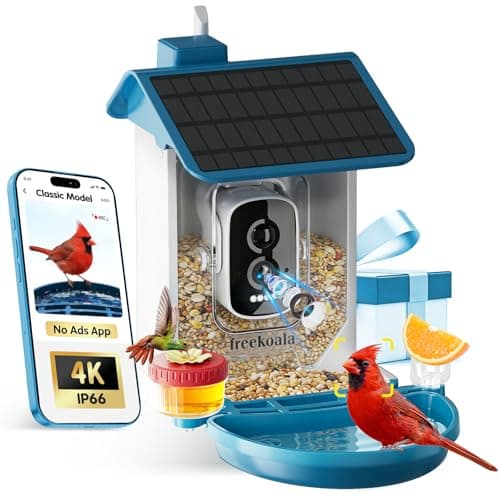 Freekoala Bird Feeder with Camera, 4K UHD AI Video Bird Feeder Camera, Solar Powered Smart Bird Feeder with Camera for Outside, Instant Arrival Alerts, 3-in-1 Design, Ideal Gifts for Bird Lovers, Blue