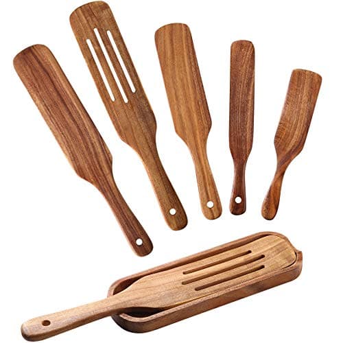 Wooden Spurtle Kitchen Utensils,QWKIT 6 Pcs Premium Natural Teak Wood Slotted Spurtle Spatulas Spoons Set for Nonstick Cookware Kitchen Cooking Heat Resistant Non Stick (with holder)