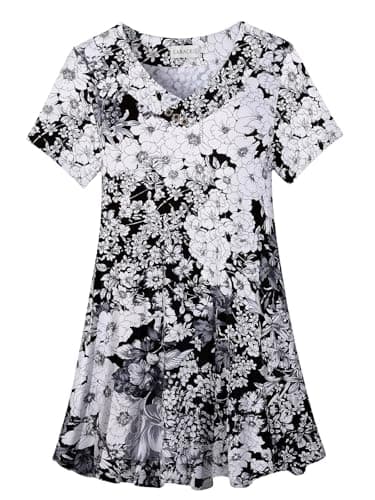 LARACE Plus Size Tunic Tops for Women, Women's Short Sleeve V Neck T Shirts, Loose Fit Summer Clothes, Womens Casual Blouses(Floral Black,M-5XL)