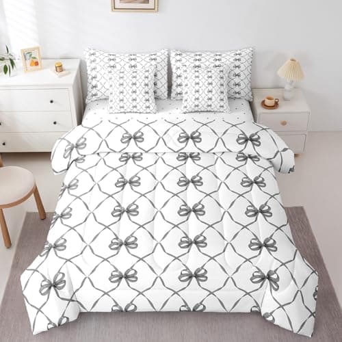 Erosebridal Bowknot 7 Piece Comforter Set Full Bow Knot Bedding for Kids Butterfly Knot Bow Tie Sheet Set Bed in A Bag Aesthetic Coquette Bedroom Decor Geometric Cartoon Black Grey Bed Set