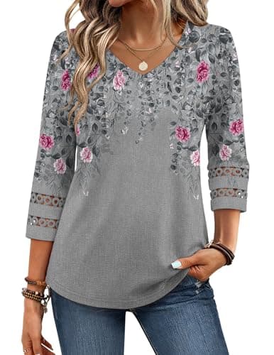 Zeagoo Women's 3/4 Length Sleeve Blouses Dressy Casual Boho Tunic Tops Loose Fit T Shirts Spring Fall Outfits Grey XL
