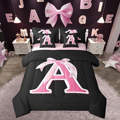jejeloiu Kids Girls Black Pink Bow Comforter Set with Sheets Twin Size Monogrammed 7 Piece Bedding Set Personalized Initial A Bed in a Bag with Comforter,Sheets,Pillowcases Modern Fashion Bed Set