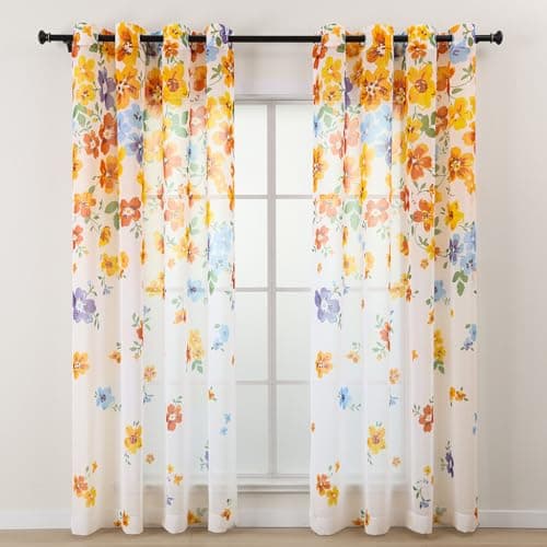 L.Z.E Yellow Orange Floral Sheer Curtains 96 Inch 2 Panels Set, Light Filtering Watercolor Flower Printed Window Drapes for Living Room Tall Windows, Airy Voile See-Through Curtains with Grommet