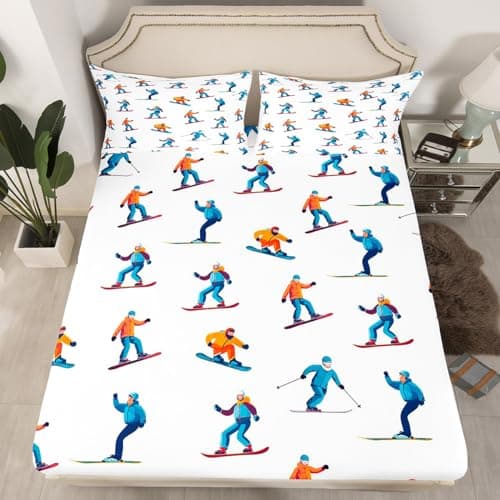Feelyou Ski Sports Twin Size Fitted Sheet for Kids Boys Men Winter Ski Theme Teens Bedding Set Cute Colorful Skier Print Bed Sheet Set Sports Themed Bedroom Decor(No Flat Sheet)
