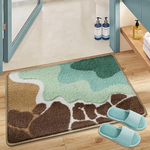 WREWING Beach-Themed Plush Bath Mat, Coastal Reefs Non-Slip Rug with Non-Slip Backing, Soft Absorbent Polyester Floor Mat for Bathroom, Machine Washable Bath Mats 20 x 31 Inches (Green)