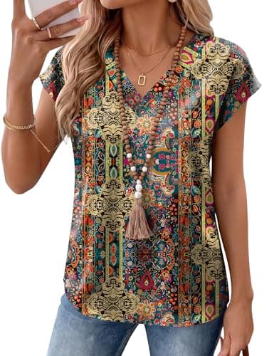 LOMON Silk Shirts for Women 2026 Boho Blouses for Women Summer Tops V Neck Cap Sleeve Business Casual Spring Break Outfits M