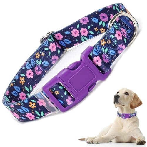 Dog Collar with Purple Flowers Patterns, Cute Girl & Boy Dog Collar Adjustable Soft Durable Pet Collar for XS Small Medium Large Dogs (Purple Flowers XS) L