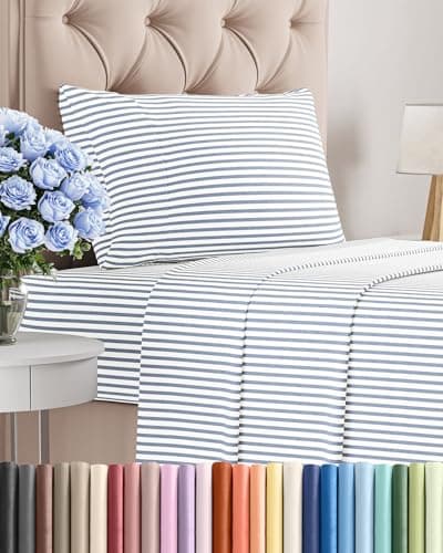 Twin Size 3 Piece Sheet Set - Comfy Breathable & Cooling Sheets - Hotel Luxury Bed Sheets for Women & Men - Deep Pockets, Easy-Fit, Soft and Wrinkle Free Sheets - Blue Stripes Oeko-Tex Bed Sheet Set