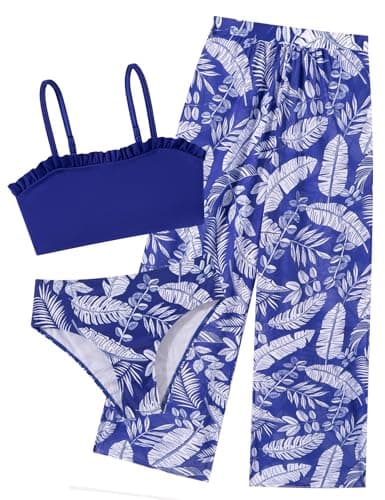Navy Blue Leaves Swimsuits for Grils Size 6 7 Hawaiian Tankini Bathing Suits 6 7 Year Old Kid 3pcs Cute Bikini Swimwear Summer Sun Protection Beach Swimming Set with Mesh Cover-ups Long Pants