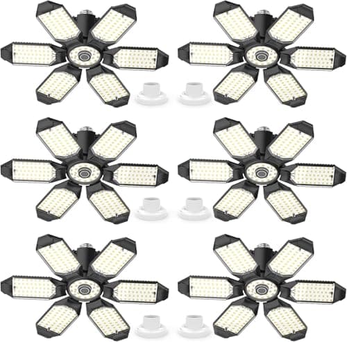 Eqquorva 6 Pack 220W Garage Light Ceiling Led Deformable LED Shop Lights for Workshop E26 E27 Screw in Garage