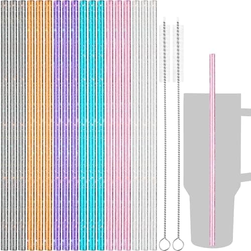 NiHome 40oz Straws, 18 Pack Glitter Plastic Replacement Straws Fit for Stanley 40 oz Tumbler, Assorted Color Reusable Straw 12 Inch with 2 Brushes - Durable PETG, BPA-Free, with Laser-Induced Sparkle