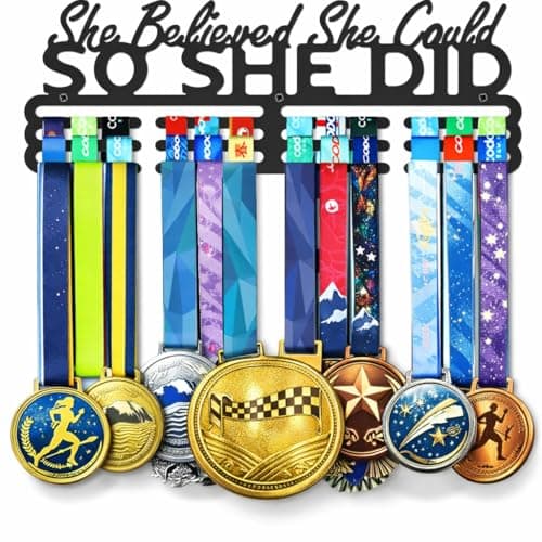 Bliocefo Medal Holder Hanger Rack Display Storage Steel Wall Mounted Fame Black Metal Sports Marathon Running Soccer Gymnastics Large-capacity Medals Sturdy Wall Decor She Believed She Could (15.7")
