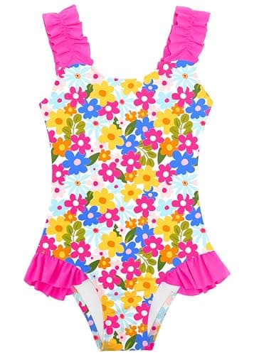 XiaoMoSha Bathing Suits for Girl One Piece Swimsuit Ruffled Straps Summer Swim Suit Quick Dry Beach Swimwear for Kids RosePinkFlower 3-4T
