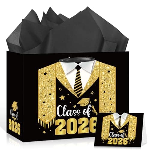 Class Of 2026 Graduation Gift Bag Black Gold Congrats Grad Gift Bag 8th Grade Graduation Wrapping Paper Card 5th Grade Graduation Party Favor Bag College High School Junior Kindergarten Graduate Season Decor