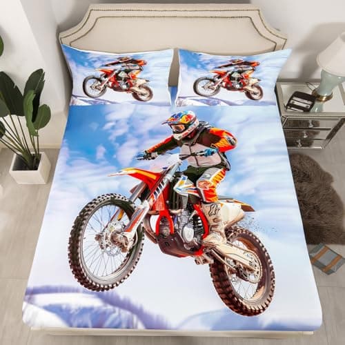 Feelyou Motocross Rider Bed Sheet Set Extreme Sports Theme Bed Sheets for Kids Boys Girls Motorcycle Pattern Bedding Set Dirt Bike Decor Fitted Sheet with 2 Pillowcases 3Pcs Bedding Full