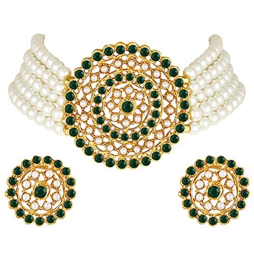Aheli Faux Pearl Kundan White Green Choker Necklace with Round Earrings Indian Traditional Bollywood Bharatanatyam jewellery Set Gift for Women