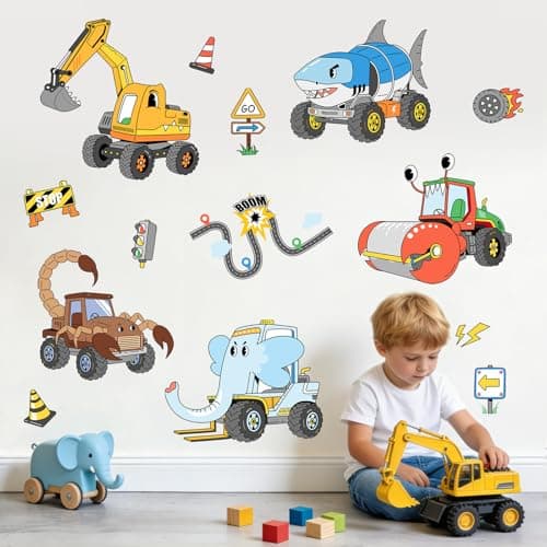 Cute Animal Construction Vehicle Wall Decals for Kids - Peel and Stick Cartoon Truck Excavator Mixer Roller Wall Art Stickers for Boys Bedroom, Playroom, Nursery Decor