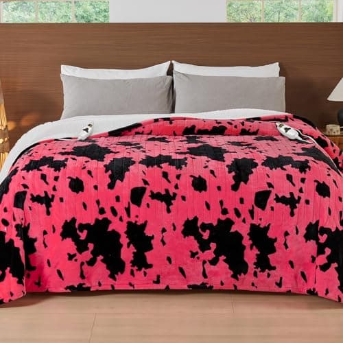 RUJIPO Electric Heated Blanket King Size,90X100 Pink Heating Blanket King with Dual Control&Timer&10 Heat Levels,Highland Cow Print Fleece Sherpa Blankets Warmer Gifts for Bed Women Adults