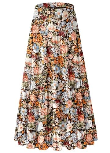 NiPaMi Women's Chiffon White Flowy Maxi Skirt Boho Summer Elastic Waisted Pleated A Line Long Skirts for Women 2026(Coffee Floral-24,L)