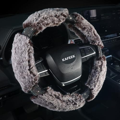 KAFEEK Winter Fluffy Steering Wheel Cover 15 inch, Soft Plush Steering Wheel Protector with Bling Rhinestones, Comforting and Luxurious, Brown