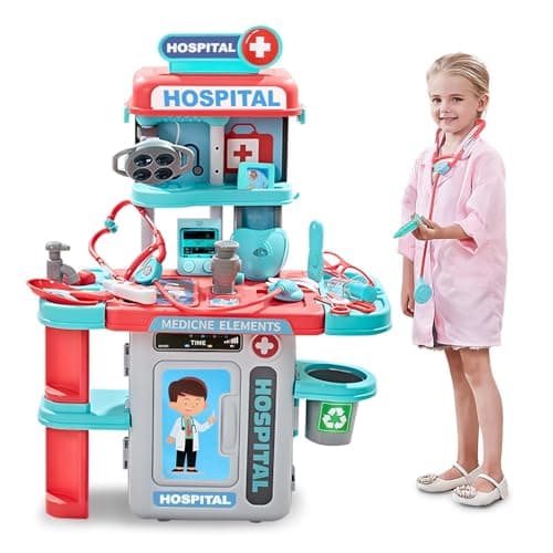 Doctor Kit for Kids 3-5, Toddler Play Set with Rolling Cart, Costume, and Stethoscope, Role Play Kids Doctors Set Educational Birthday Gift for Girls(Pink)