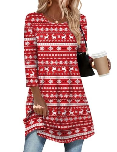 Zeagoo Women T Shirts 3/4 Sleeve Shirt Merry Tee Tops Plus Size Red Tunics to Wear with Leggings Swing Flare T-Shirt Loose Blouses