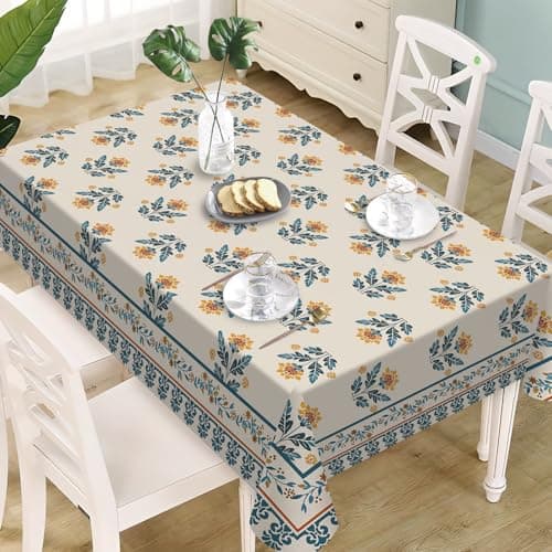 Livcoz Vintage Floral Rectangle Tablecloth 60 x 84 Inches, Retro Yellow Blue Flower Pastoral Botanical Decorative Dining Table Cloth, Spring Summer Dinner Tablecover Picnic Party Decoration