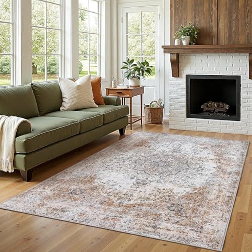 jinchan Area Rug 5x7 Washable Living Room Rug Vintage Traditional Distressed Lightweight Thin Retro Indoor Floor Cover Non Slip Floral Carpet for Bedroom Dining Room Bathroom Kitchen Office Taupe