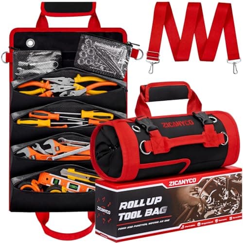 ZICANYCO Roll Up Tool Bag, Heavy Duty See-Through Tool Roll Organizer with 2 Detachable Pouches, Portable Mechanic & Motorcycle Tool Bag, Birthday & Father’s Day Gift, Red