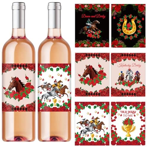 12 Pcs Horse Derbby Decorations, Horse Racing Wine Bottle Labels, 6 Rose Equestrian Designs, Waterproof Sticker Wraps for Party Decorations, Race Event Favors, Souvenirs
