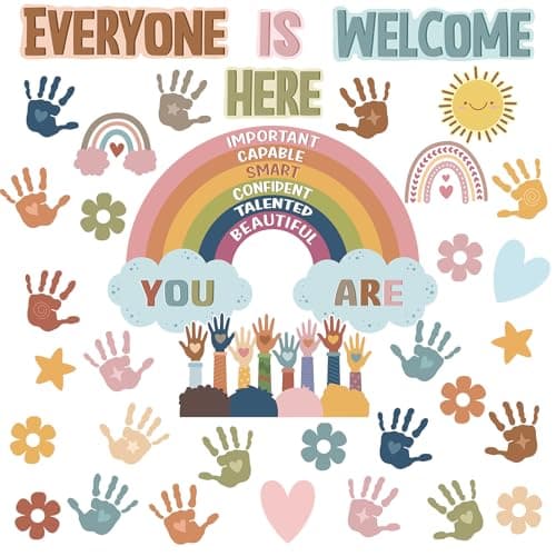 41Pcs Boho Classroom Bulletin Board Decorations Sets,Everyone is Welcome Classroom Positive Motivational Inspirational Wall Decor Boho Rainbow Cutouts for School Classroom Decor