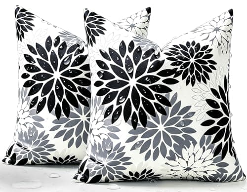 Dahlia Flowers Throw Pillow Covers Black and Gray Set of 2 Outdoor Pillows Waterproof Square Cushion Covers 18x18 Inch Spring Summer Decorative Pillowcases for Bench Garden Patio Living Room Couch