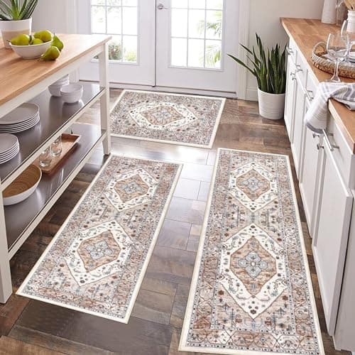 Pauwer Kitchen Rugs Sets of 3 Non Slip Washable Kitchen Mats for Floor Farmhouse Kitchen Floor Mat Runner Rug Boho Kitchen Sink Rug Carpet for Kitchen Hallway Laundry Room, Beige