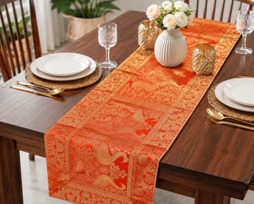 Real Online Seller Indian Handmade Peacock Design Table Runner 60 x 16 Inch | Traditional Orange Decorative Table Linen for Dining Table, Console Table, Coffee Table & Home Décor