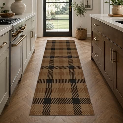 2x6 Kitchen Runner Rug Non Slip Washable – Brown Plaid Hallway Runner Rug for Indoor, Long Floor Mat for Kitchen Sink, Laundry Room, Entryway, Low Profile Easy Clean Carpet