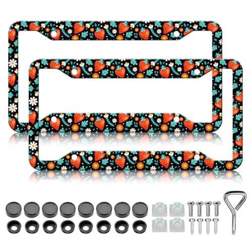 Strawberry License Plate Frame - 2PCS Cute Red Strawberry Aluminium Metal License Plate Holder, Rust-Proof Waterproof Car Decorative Tag Frames