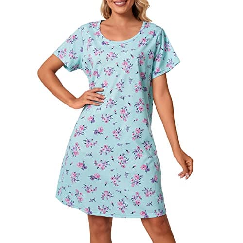 Tugege Women's Nightgown Short Sleeve Sleepshirts House Dress Sleepwear Casual Print Pajama (GN-Pink Floral, X-Large)
