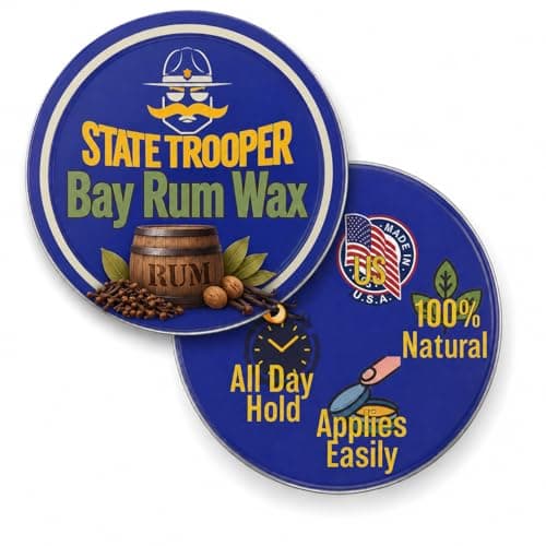 State Trooper Bay Rum - Medium Hold Mustache Wax with Beeswax, Coconut Oil & Lanolin – Natural Moustache Grooming & Styling - Nourishing Moustache Conditioner & Sculpting - 1 Ounce Tin