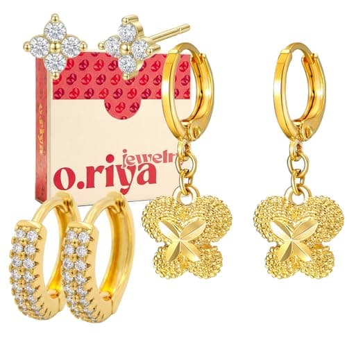 O.RIYA 14K Gold Plated Hypoallergenic Earrings for Women - 3 Pairs Huggie Small Hoops & Dainty Stud Earrings Set, Stackable Cartilage Earrings for Multiple Piercings, Lightweight Gold Jewelry Set Trendy Everyday Jewelry, Gift for Women (clover-gold-3pairs)