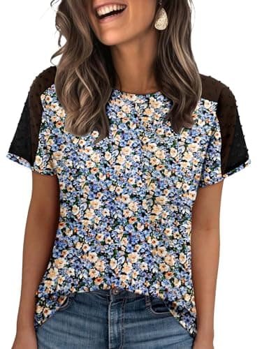 Women's Casual Office Shirts Elegant Floral Print Ladies Blouse Semi Sheer Short Sleeves Tops Blue Black Medium Size