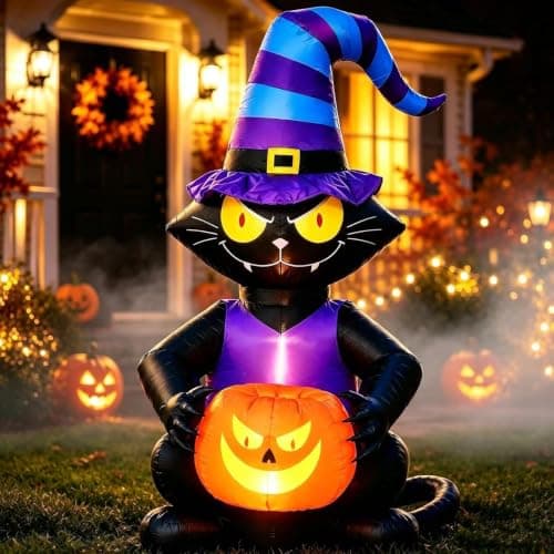 6FT Halloween Inflatable Black Cat, Lighted Yard Decoration with Witch Hat