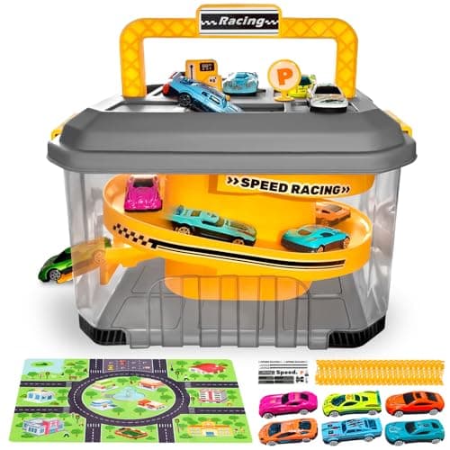 Toy Car Track Storage Playset - Car Toys Race Set Including 12 Diecast Cars, PlayMat, Race Tracks, Car Ramp, Kids Birthday Gift Toys for 2 3 4 5 Year Old Boys 1-3 2-4 Toddlers