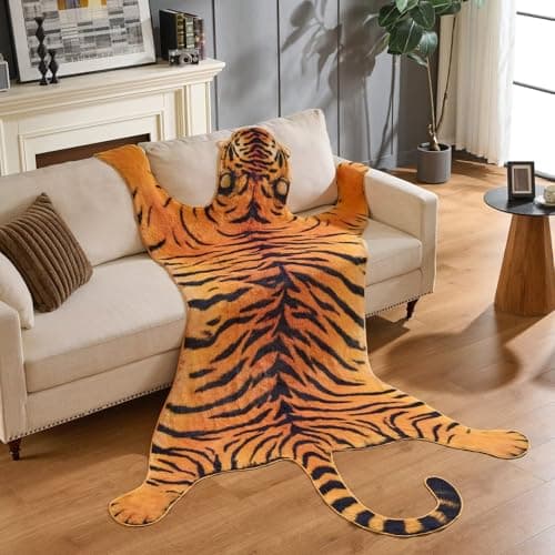 Tiger Print Area Rug,Large Carpets Non-Slip Faux Fur Tiger Rug,Animal Print Carpet Home Decor Fluffy Animal Print Carpet Door Mat for Living Room Bedroom -6.3 * 9FT(75 * 110inch)