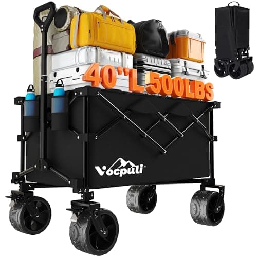 40" L Collapsible Wagon Cart Foldable, 500lbs Weight Capacity 250L Heavy Duty Folding Beach Wagons with Big All-Terrain Wheels, Utility Carts for Groceries, Shopping, Camping, Sports - Black