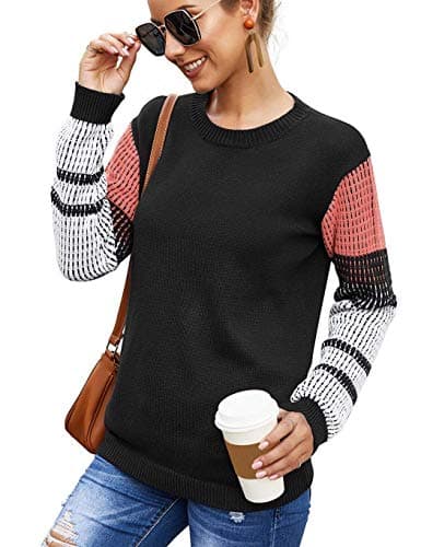 koitmy Women's Cute Contrast Sleeve Knitted Pullover Sweater Black