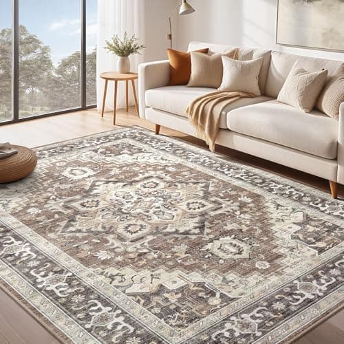 Washable Rug 6x9 Area Rugs: Boho Vintage Distressed Oriental Medallion Neutral Thin Large Rug Carpet for Living Room Bedroom Dining Room Home Office Decor - Dark Brown