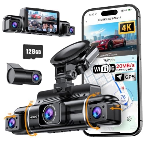 Icesky S03 4K Dash Cam Front Rear Inside Left Right with GPS, Free 128GB SD Card, 5.8GHz WiFi 6 (Up to 20MB/s Download), 4 Channel 360° Dash Camera for Cars, G-Sensor 8 IR Light, Parking Mode, Black